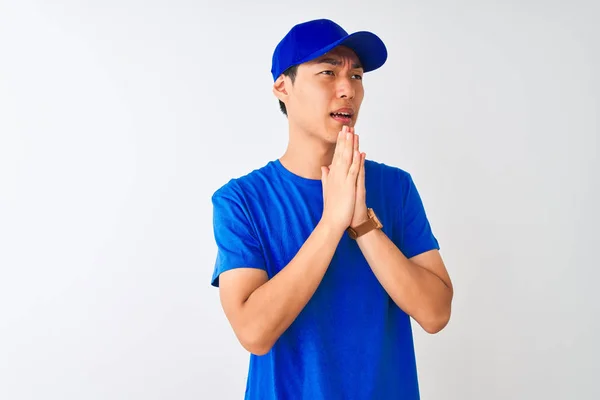 Chinese Deliveryman Wearing Blue Shirt Cap Standing Isolated White Background — 스톡 사진