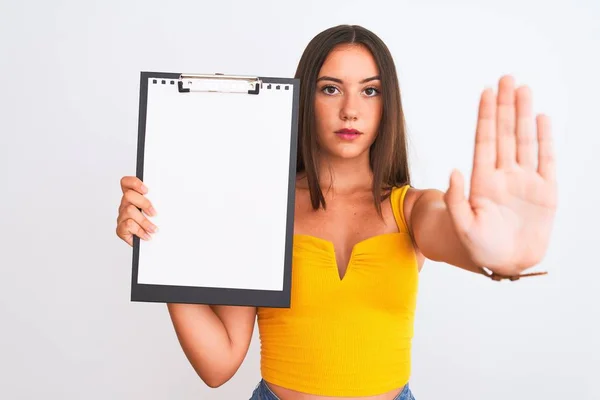 Young Beautiful Girl Holding Clipboard Standing Isolated White Background Open — 스톡 사진