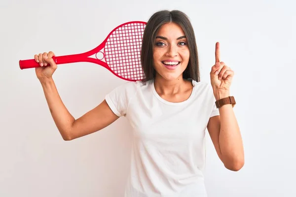 Mooie Sportvrouw Tennissen Met Behulp Van Racket Staan Geïsoleerde Witte — Stockfoto