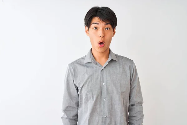 Chinese Businessman Wearing Elegant Shirt Standing Isolated White Background Afraid — 스톡 사진