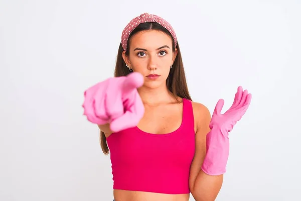 Young Beautiful Girl Wearing Cleaner Gloves Standing Isolated White Background — Stok fotoğraf