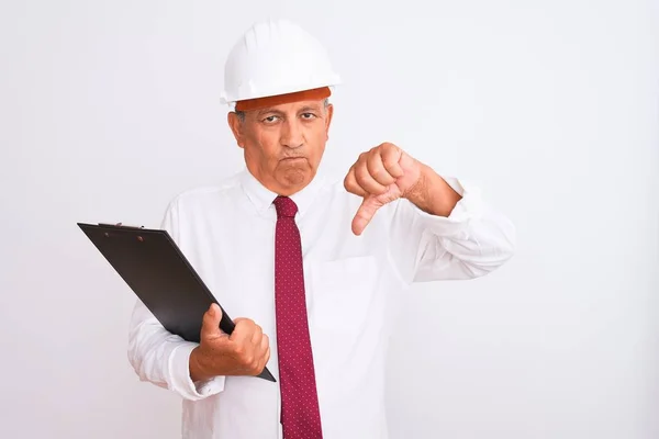 Senior Architect Man Wearing Security Helmet Holding Clipboard Isolated White — 图库照片