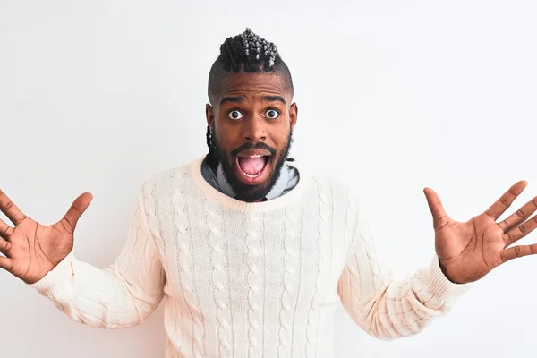 African American Man Braids Wearing White Sweater Isolated White Background — Stock Photo, Image