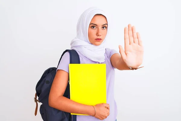 Arab Student Girl Wearing Hijab Backpack Holding Book Isolated White — ストック写真