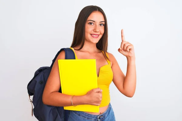 Beautiful Student Girl Wearing Backpack Holding Notebook Isolated White Background — ストック写真