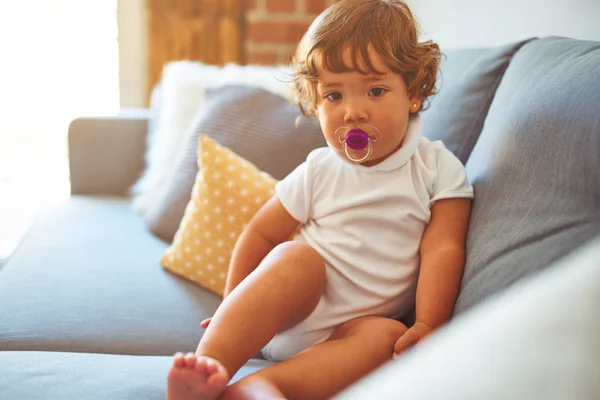 Beautiful Toddler Child Girl Wearing White Shirt Sitting Sofa Using — Stock Photo, Image