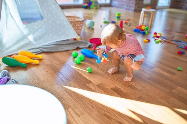 Adorable Toddler Playing Wooden Blocks Train Lots Toys Kindergarten — Stock Photo, Image