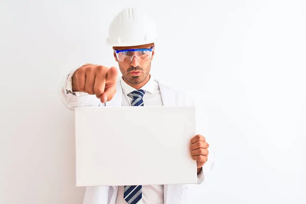 Young Chemist Man Wearing Security Helmet Holding Signboard Isolated Background — 스톡 사진