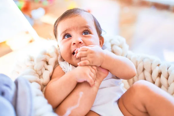 Beautiful Infant Happy Kindergarten Colorful Toys Lying Crib Crying Sad — Stock Photo, Image