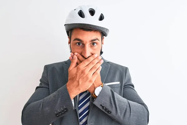 Young Handsome Business Man Bike Helmet Wireless Earphones Isolated Background — 스톡 사진
