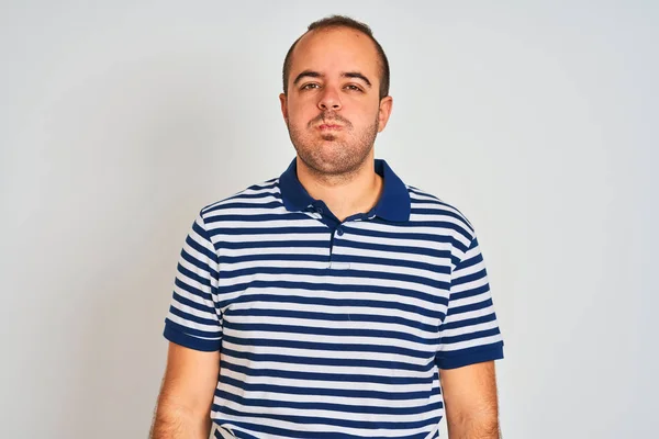 Young Man Wearing Casual Striped Polo Standing Isolated White Background — ストック写真