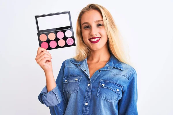 Young Beautiful Blond Woman Holding Makeup Standing Isolated White Background — 스톡 사진