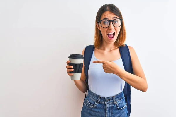 Beautiful Redhead Student Woman Wearing Backpack Drinking Take Away Coffee — 스톡 사진