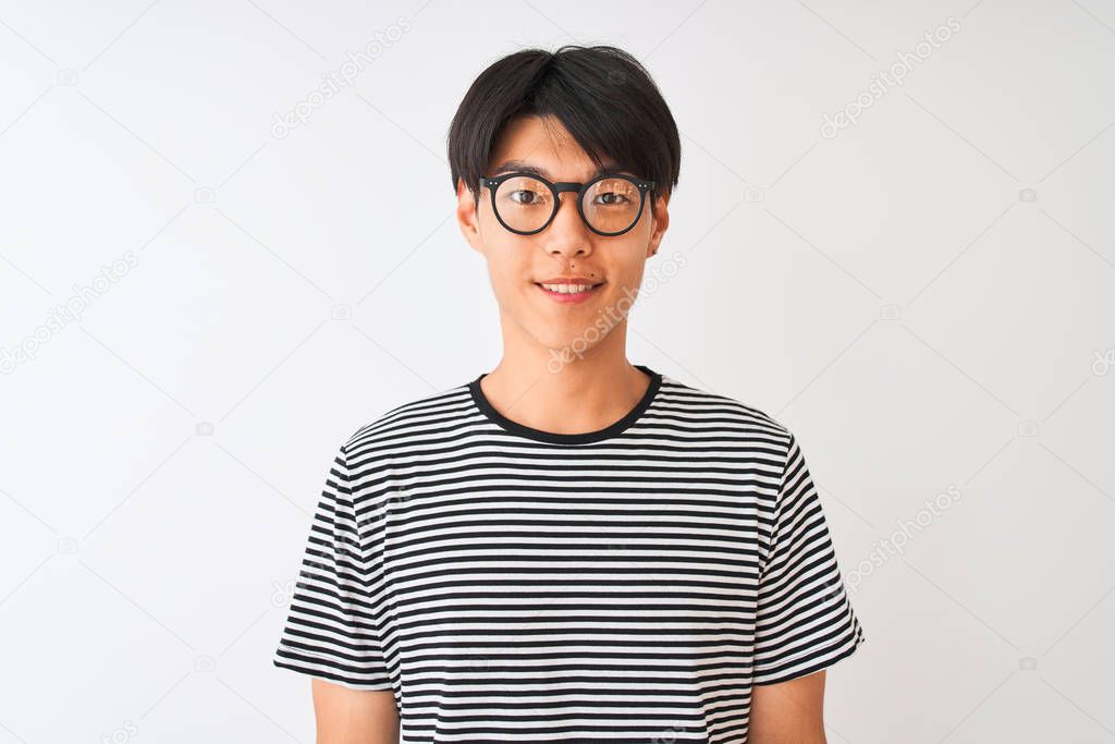 Chinese man wearing glasses and navy striped t-shirt standing over isolated white background with a happy and cool smile on face. Lucky person.