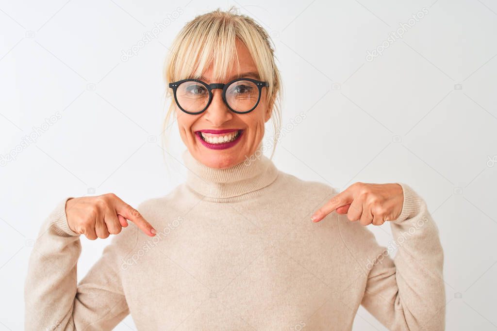 Middle age woman wearing turtleneck sweater and glasses over isolated white background looking confident with smile on face, pointing oneself with fingers proud and happy.