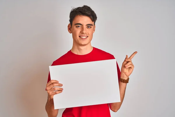 Teenager Boy Holding Advertising Banner Blank Space Isolated Background Very — ストック写真