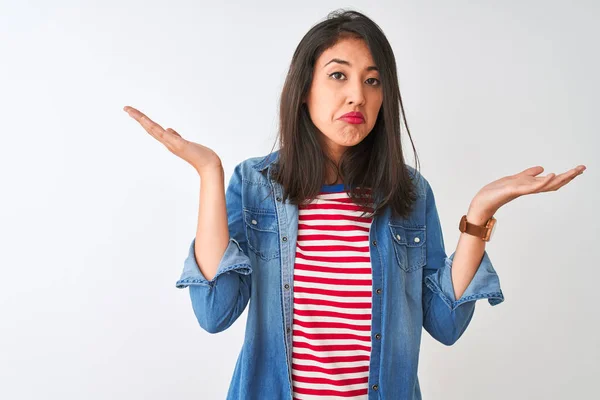 Young Chinese Woman Wearing Striped Shirt Denim Shirt Isolated White — Stock Photo, Image