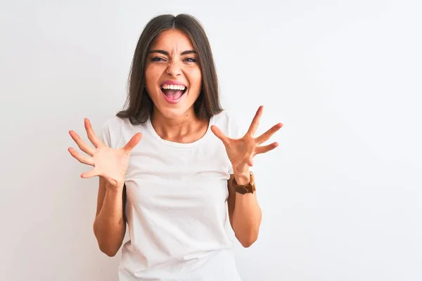 Jovem Mulher Bonita Vestindo Shirt Casual Sobre Fundo Branco Isolado — Fotografia de Stock