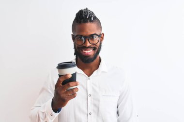 African american businessman with braids drinking coffee over isolated white background with a happy face standing and smiling with a confident smile showing teeth
