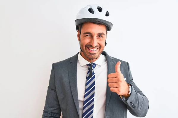 Jovem Homem Negócios Bonito Vestindo Terno Gravata Capacete Bicicleta Sobre — Fotografia de Stock