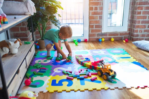 Adorable Blond Toddler Playing Lots Toys Kindergarten — Stock Photo, Image