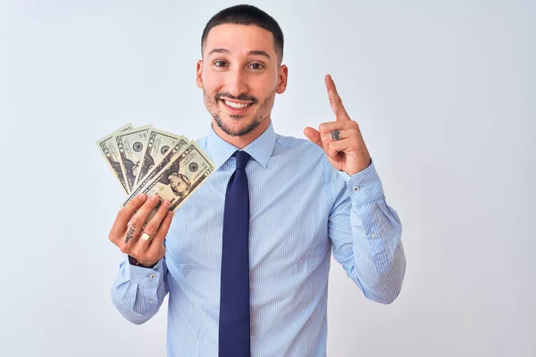 Joven Hombre Negocios Guapo Sosteniendo Montón Dólares Billetes Banco Sobre —  Fotos de Stock