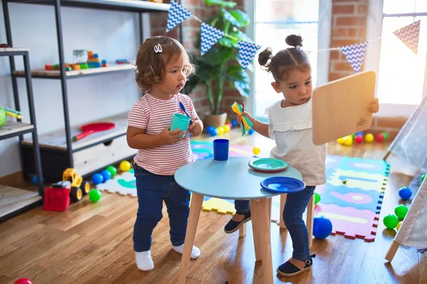 Adorable Toddlers Playing Meals Using Plastic Food Cutlery Toy Kindergarten — Stock Photo, Image