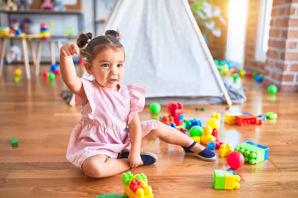 Young Beautiful Toddler Sitting Floor Playing Building Blocks Kindergaten — Stock Photo, Image