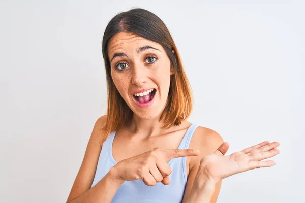 Beautiful Redhead Woman Standing Isolated Background Very Happy Pointing Hand — 스톡 사진