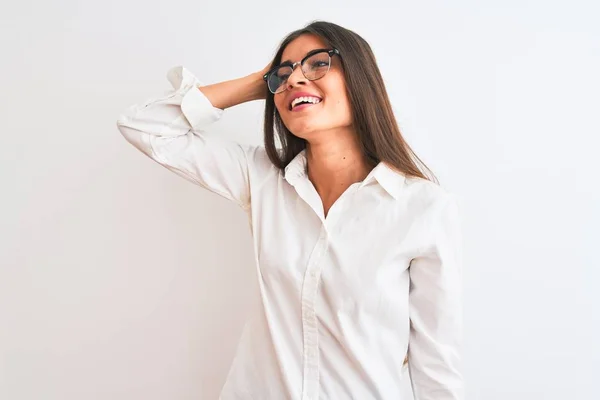 Giovane Bella Donna Affari Con Gli Occhiali Piedi Sopra Isolato — Foto Stock