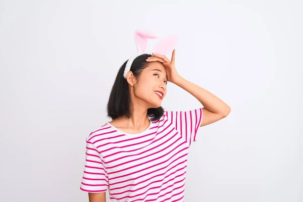 Young Beautiful Chinese Woman Wearing Banny Ears Standing Isolated White — Stok fotoğraf