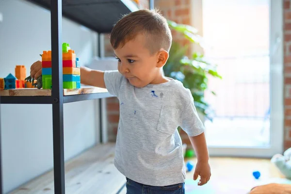 Adorable Toddler Smiling Happy Standing Playing Lots Toys Kindergarten — Stock Photo, Image