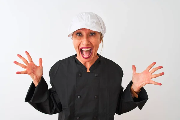 Mulher Chef Meia Idade Vestindo Uniforme Boné Sobre Fundo Branco — Fotografia de Stock