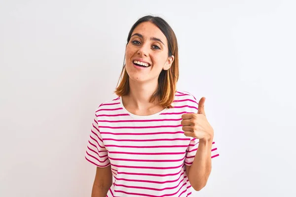 Beautiful Redhead Woman Wearing Casual Striped Pink Shirt Isolated Background — 图库照片