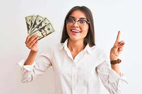 Beautiful Businesswoman Wearing Glasses Holding Dollars Isolated White Background Very — Stock Photo, Image