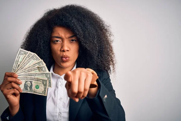 Young African American Business Woman Afro Hair Holding Cash Dollars — 스톡 사진