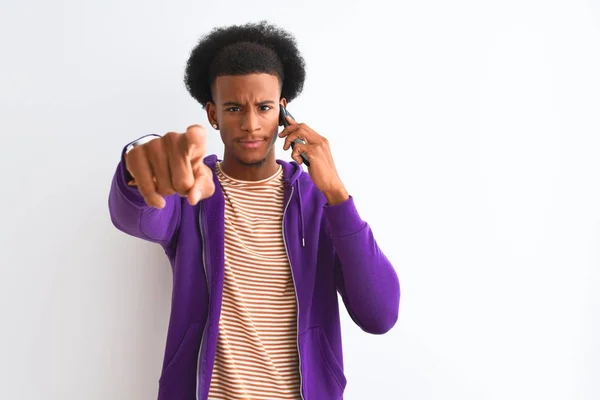 Young African American Man Talking Smartphone Standing Isolated White Background — 스톡 사진