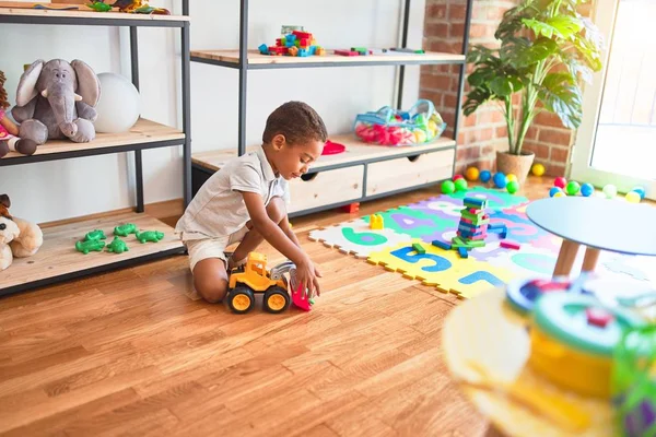 Beautiful African American Toddler Playing Tractor Toy Kindergarten — Stock Photo, Image