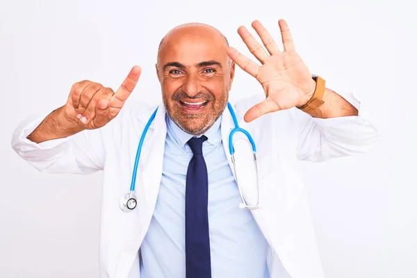 Middle Age Doctor Man Wearing Stethoscope Tie Standing Isolated White — 스톡 사진