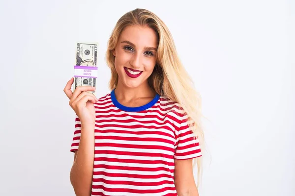 Beautiful Woman Wearing Red Striped Shirt Holding Dollars Isolated White — Stock Photo, Image