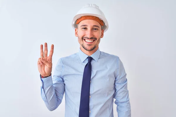 Young Business Man Wearing Contractor Safety Helmet Isolated Background Showing — 스톡 사진