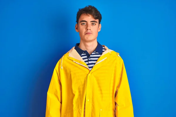 Teenager Fisherman Boy Wearing Yellow Raincoat Isolated Background Depressed Worry — ストック写真