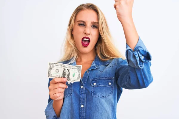 Young Beautiful Blond Woman Holding Dollar Standing Isolated White Background — 스톡 사진