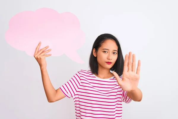 Young Chinese Woman Holding Cloud Speech Bubble Standing Isolated White — 图库照片