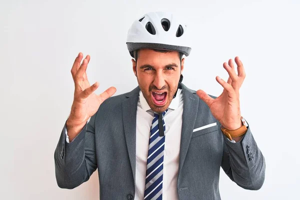 Young Handsome Business Man Wearing Suit Tie Bike Helmet Isolated — 스톡 사진