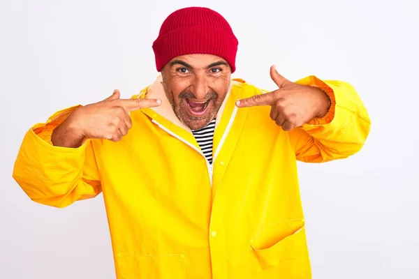 Middle Age Man Wearing Rain Coat Woolen Hat Standing Isolated — Stock Photo, Image