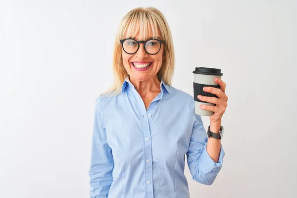 Middle age businesswoman wearing glasses drinking coffee over isolated white background with a happy face standing and smiling with a confident smile showing teeth