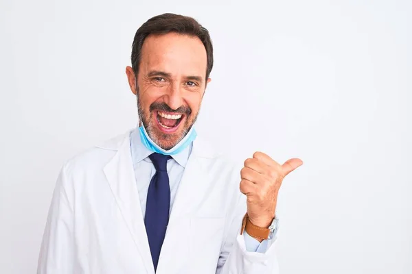 Middle Age Scientist Man Wearing Coat Medical Mask Isolated White — 스톡 사진