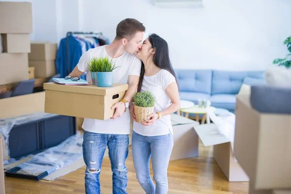 Young Beautiful Couple Sitting Floor New Home Cardboard Boxes Celebrating — Stock Photo, Image