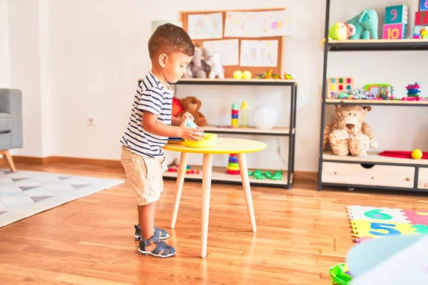 Beautiful Toddler Boy Playing Meals Plastic Plates Fruits Vegetables Kindergarten — ストック写真